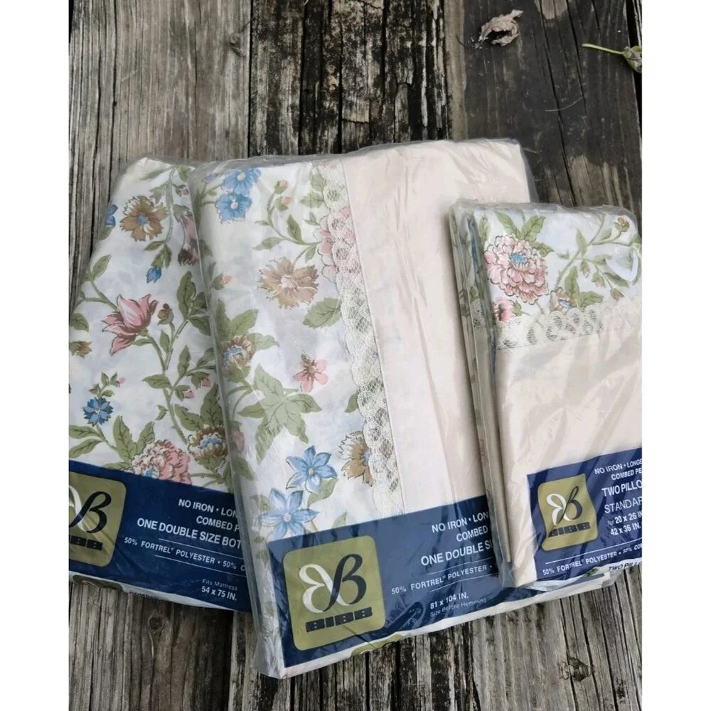 Vintage Bibb Double Full Fitted Flat 2 Pillow Sheet Set Tapestry Rose Floral New